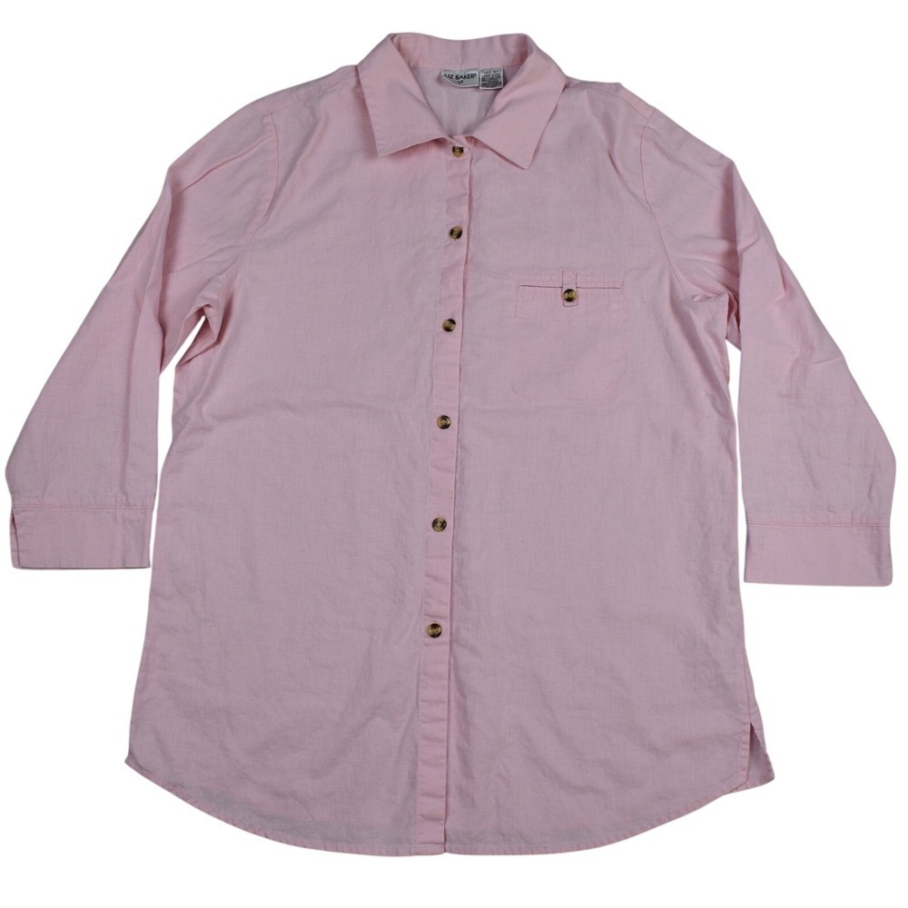 Vintage Linen Button Down Top Women's Large Tall Shirt Light Pink Pastel Coastal
